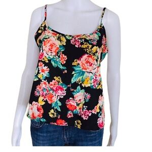 AMBIANCE APPAREL Floral Tank/Top With Button Open Back Detail Black Size Small